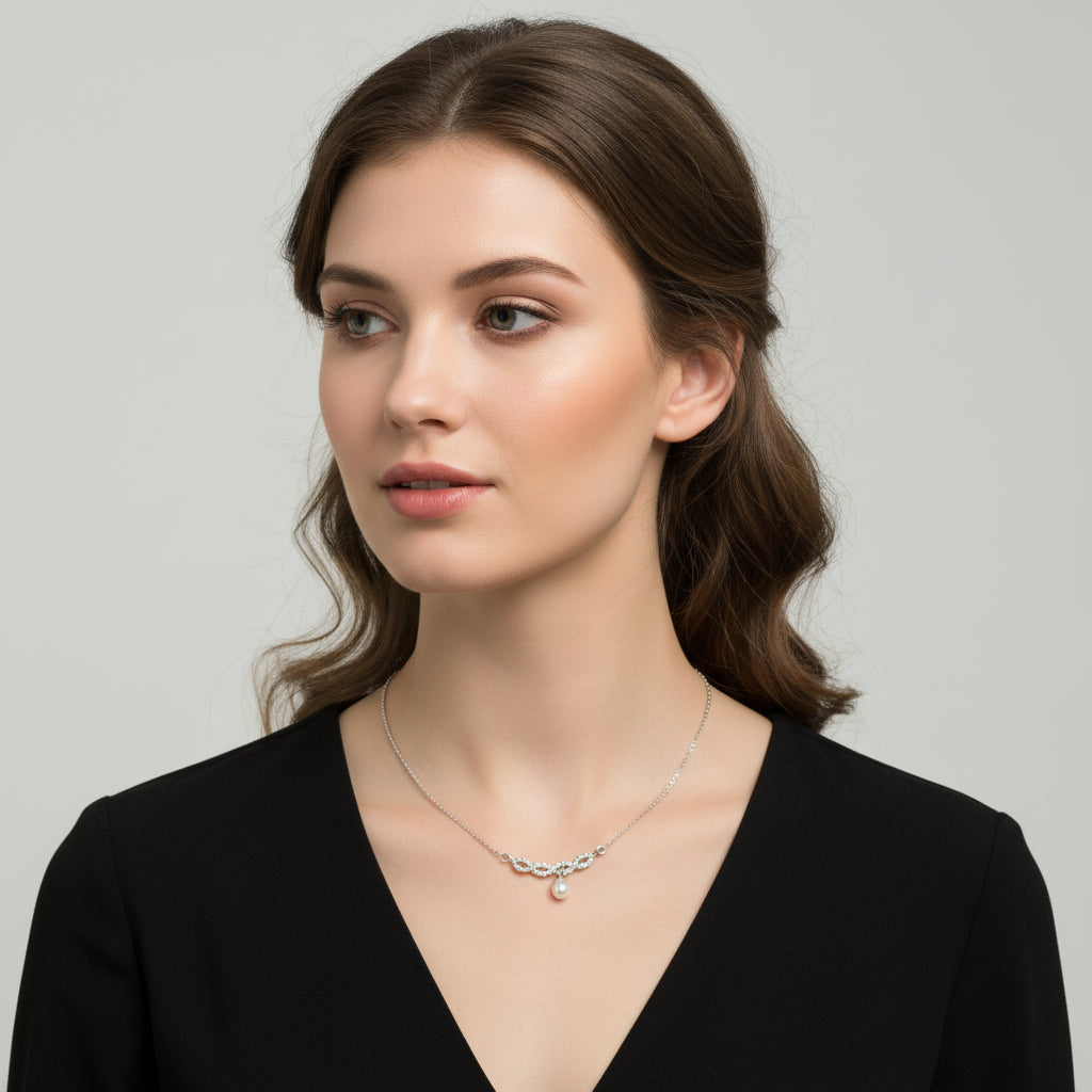 Silver necklace with a small pendant on a white background