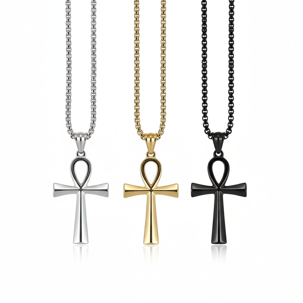 Three cross-shaped pendants on chains against a white background