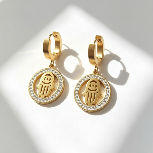Evil Eye Hamsa Hand Zircon Hoop Waterproof Earrings