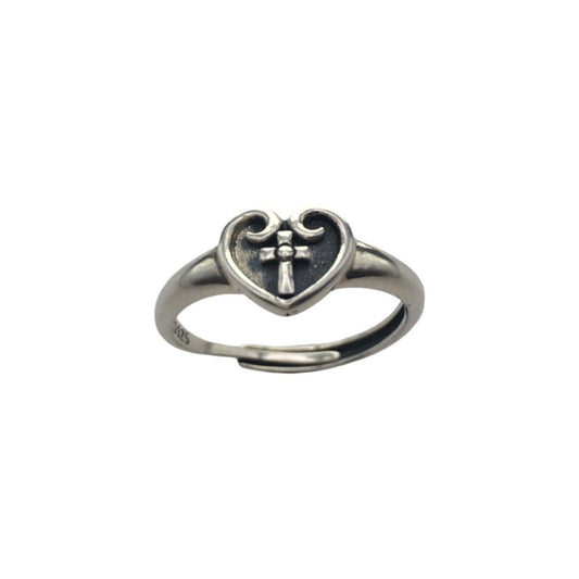 Sterling Sliver Heart Shape Cross Design Adjustable Ring