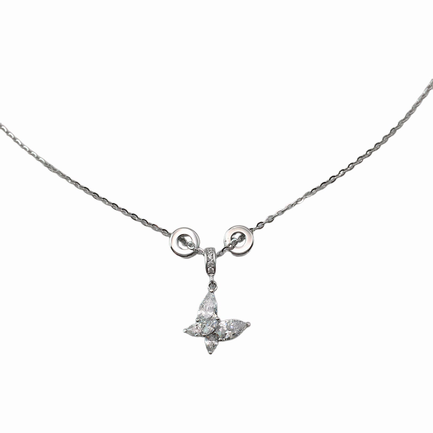 Silver necklace with a butterfly pendant on a white background