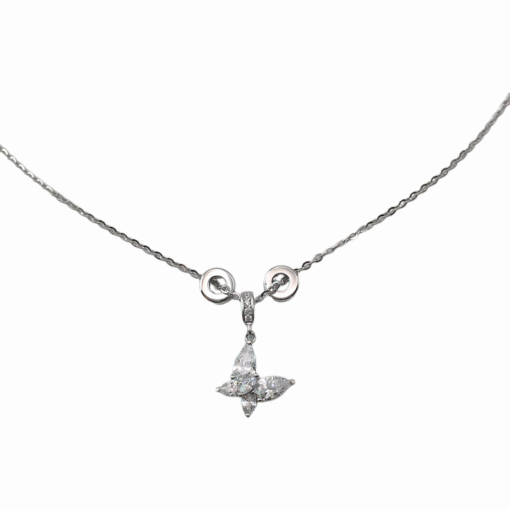 Silver necklace with a butterfly pendant on a white background