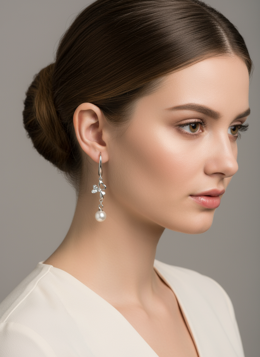 Pair of silver earrings with pearl drops on a white background