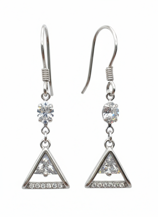 Pair of silver triangle earrings with clear gemstones on a white background