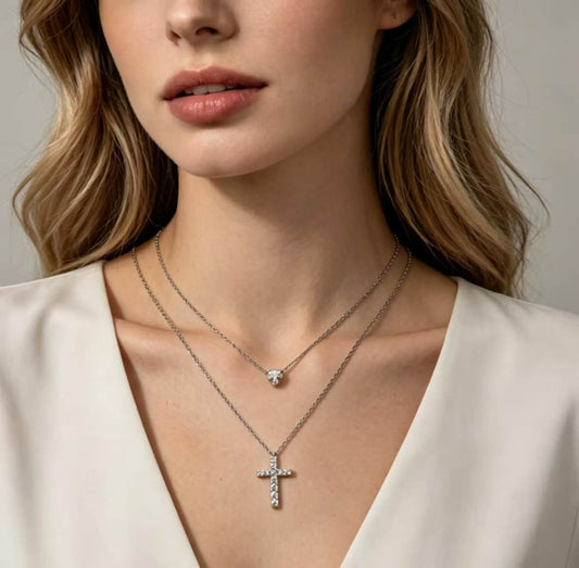 Sterling Silver Cubic Zirconia Layered Cross And Heart Necklace