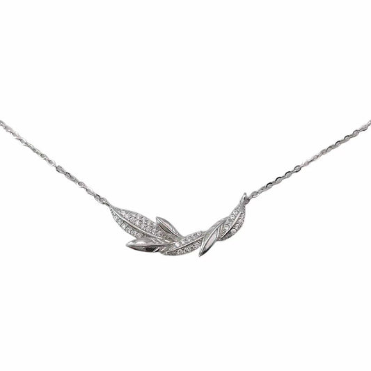 Silver necklace with leaf-shaped pendant on a white background