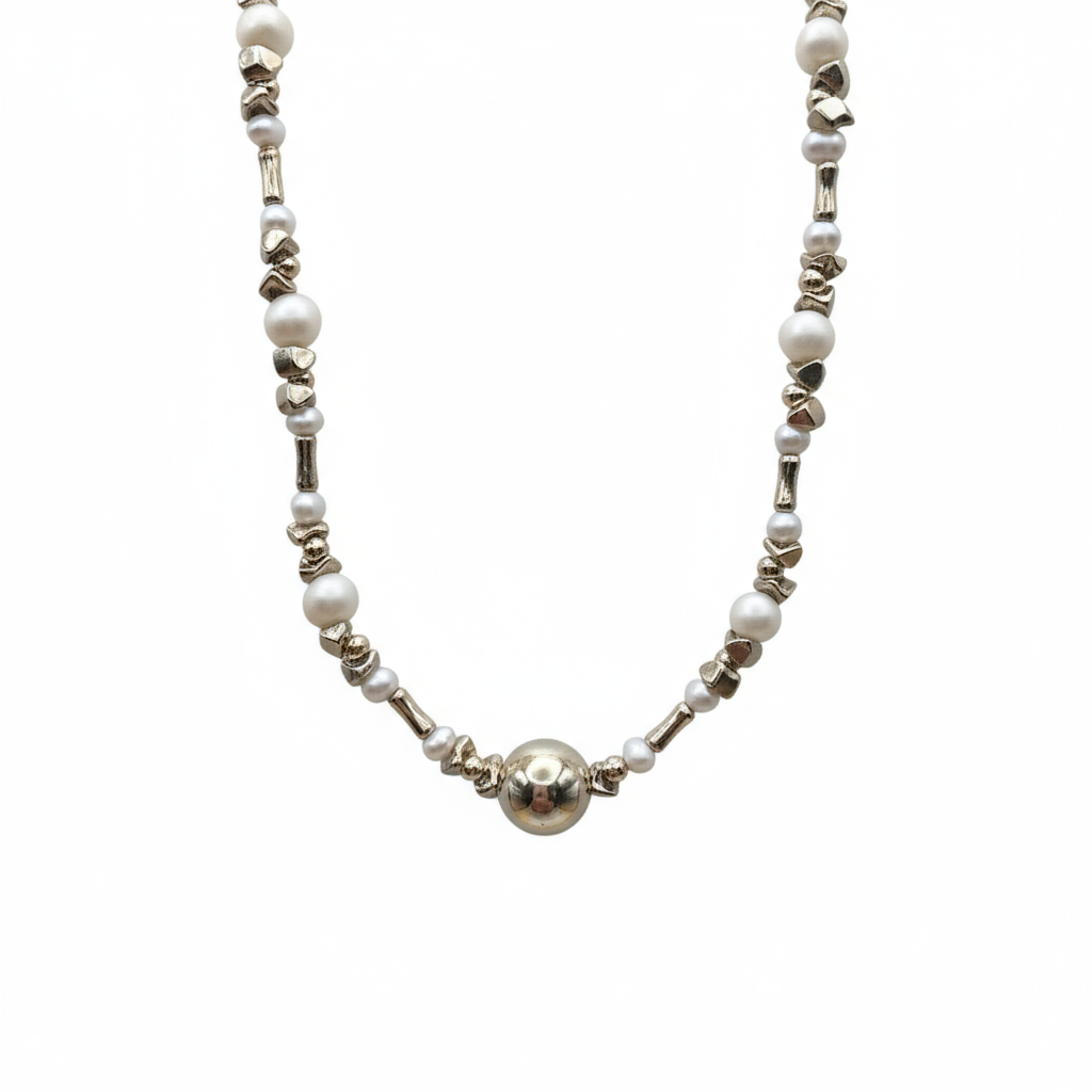 Necklace with pearls and silver beads on a white background
