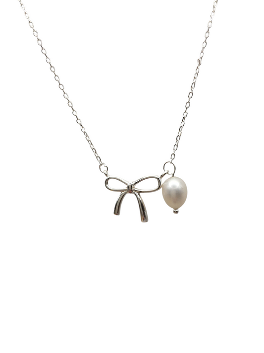 Sterling Silver Pearl Bow Necklace