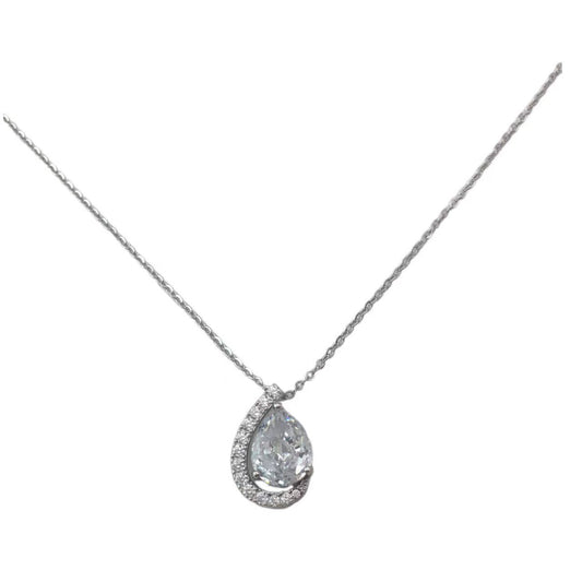 Teardrop-shaped diamond pendant on a chain against a white background