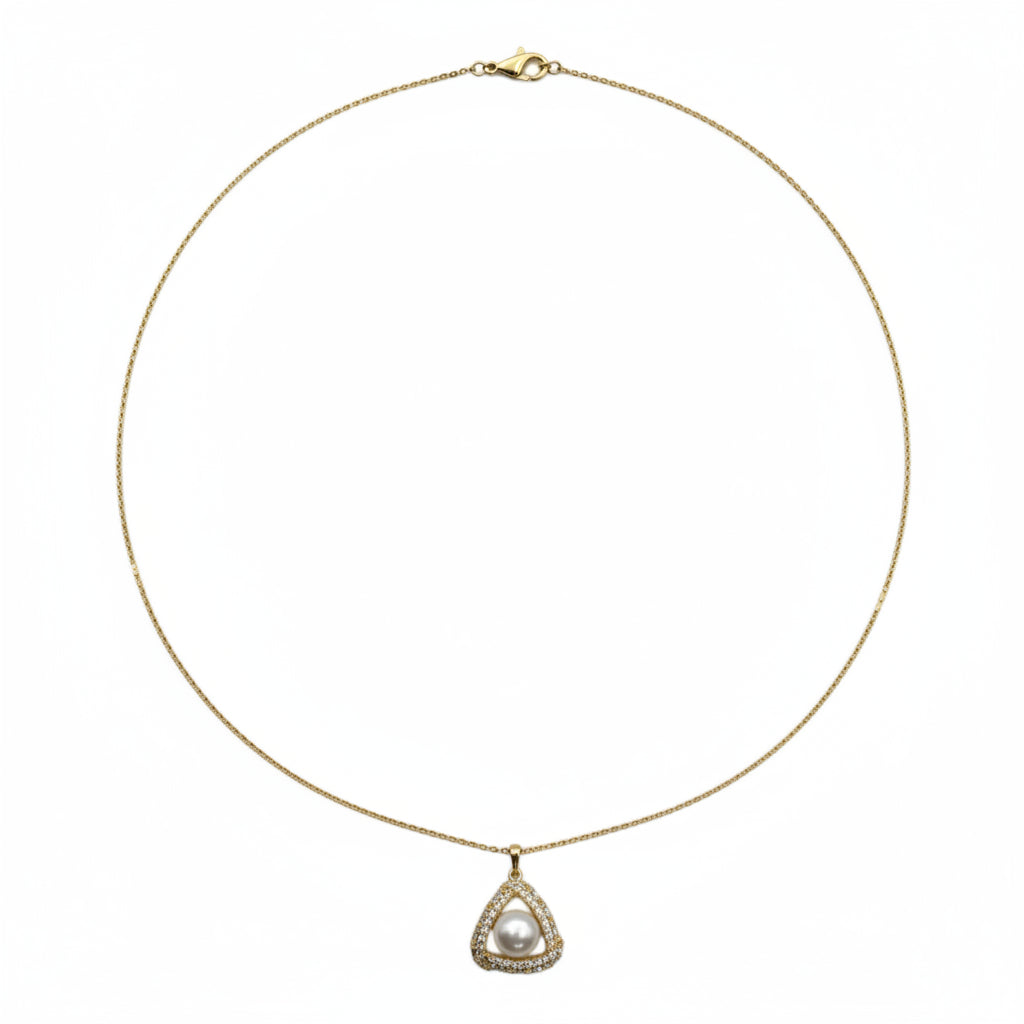 Gold necklace with a teardrop-shaped pendant on a white background