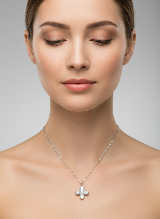 Silver cross pendant necklace on a white background