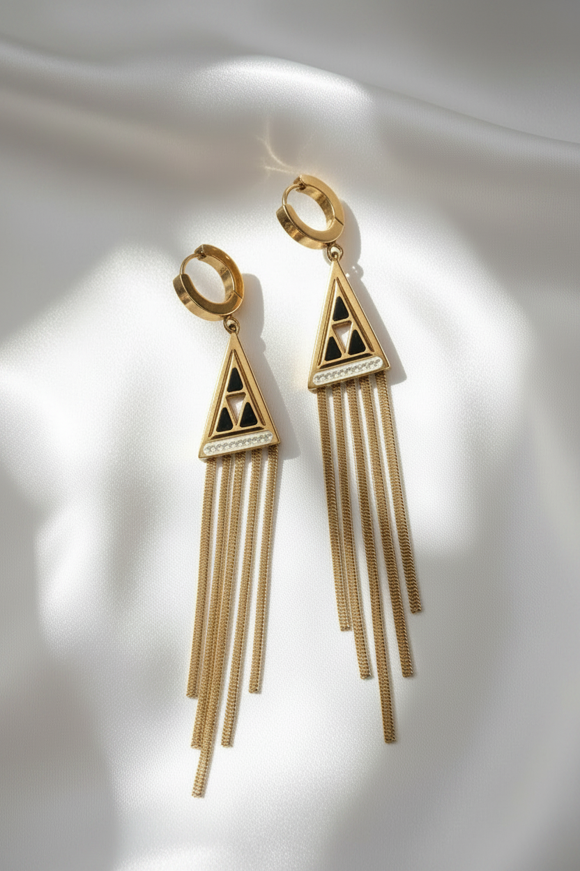Triangular Openwork Tassel Zircon Hoop Waterproof Earrings