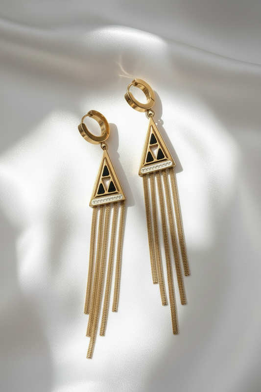 Triangular Openwork Tassel Zircon Hoop Waterproof Earrings