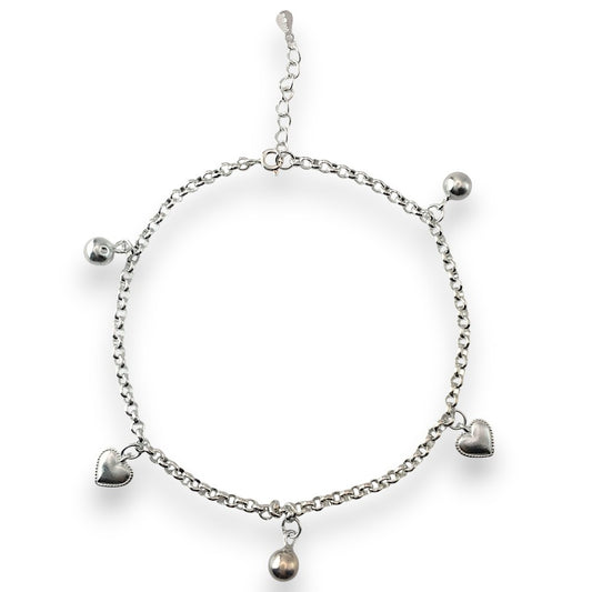 Silver bracelet with heart-shaped charms on a white background