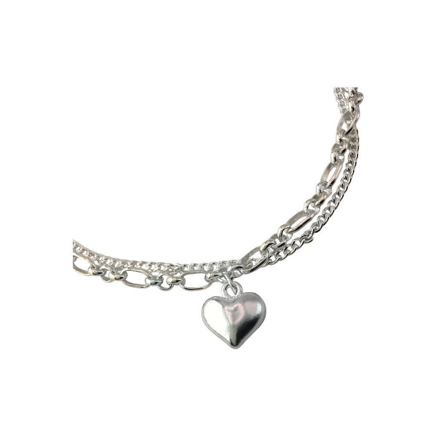 Sterling Silver Double Layered Chain Heart Pendant Bracelets
