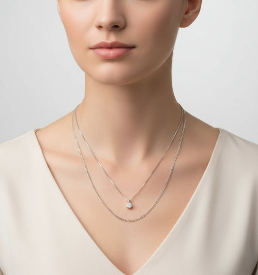 Two silver necklaces on a white background