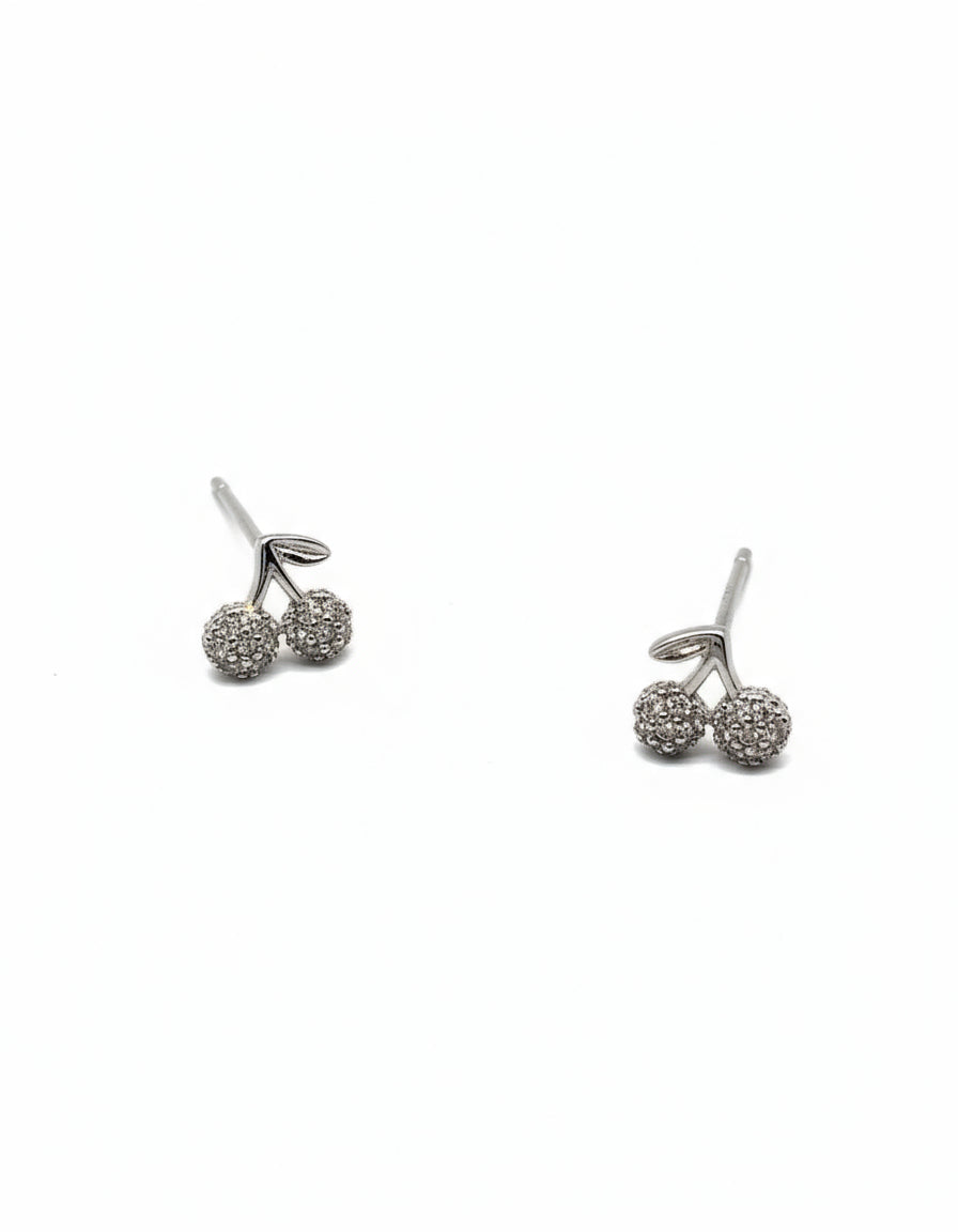 Silver cherry-shaped earrings on a white background