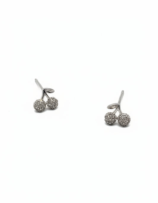 Silver cherry-shaped earrings on a white background