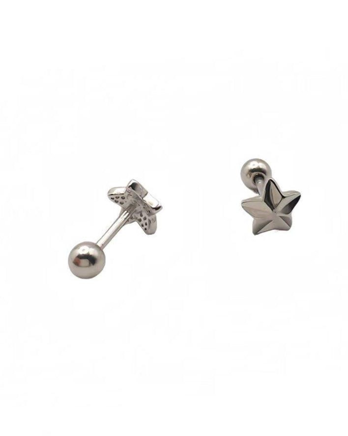 Pair of silver star-shaped earrings on a white background