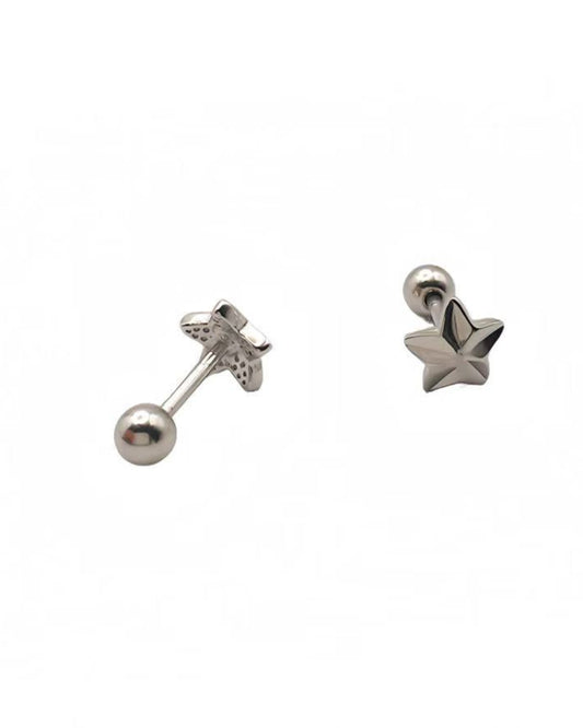 Pair of silver star-shaped earrings on a white background