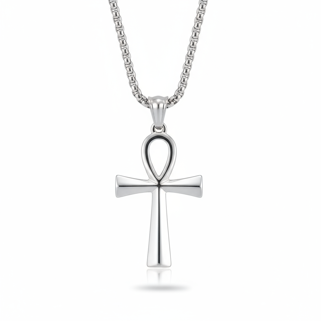 Silver cross pendant on a chain against a white background