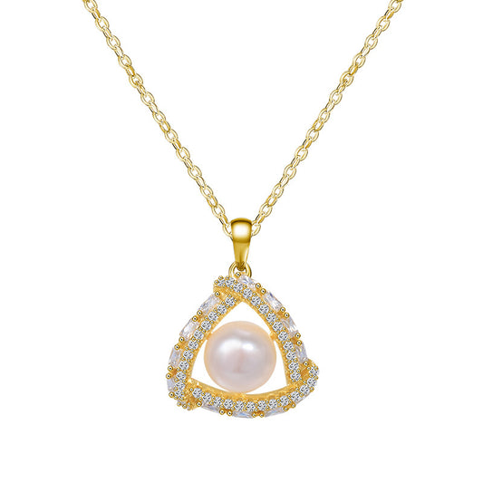 Sterling Silver Diamante Triangle Pearl Pendant Necklace