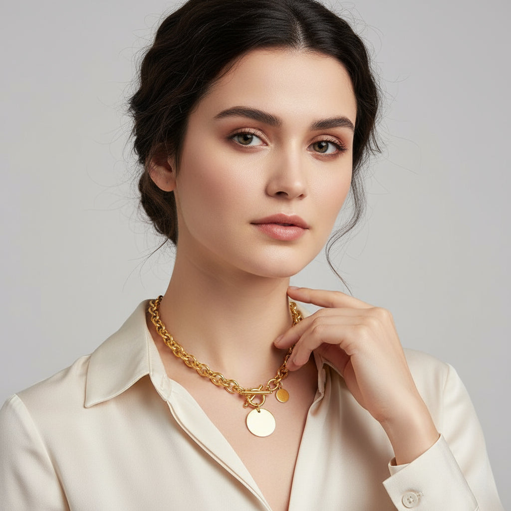 Gold necklace with round pendants on a white background