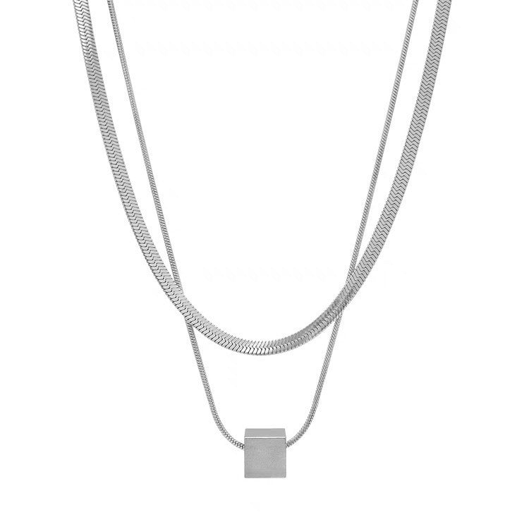 Stainless Steel Double Layered Chain Cube Pendant Necklace