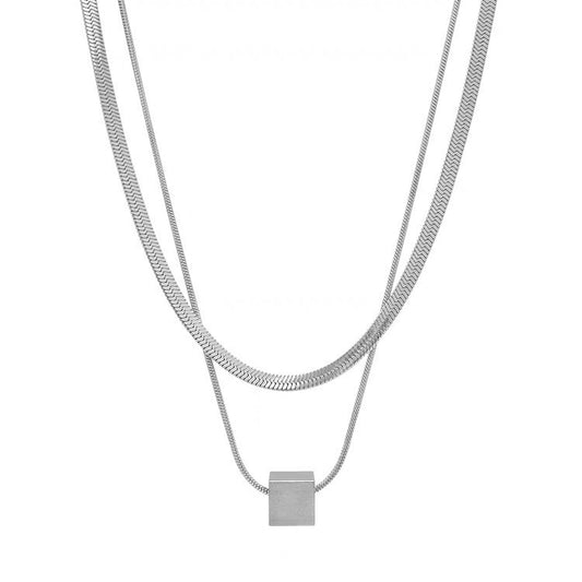 Stainless Steel Double Layered Chain Cube Pendant Necklace
