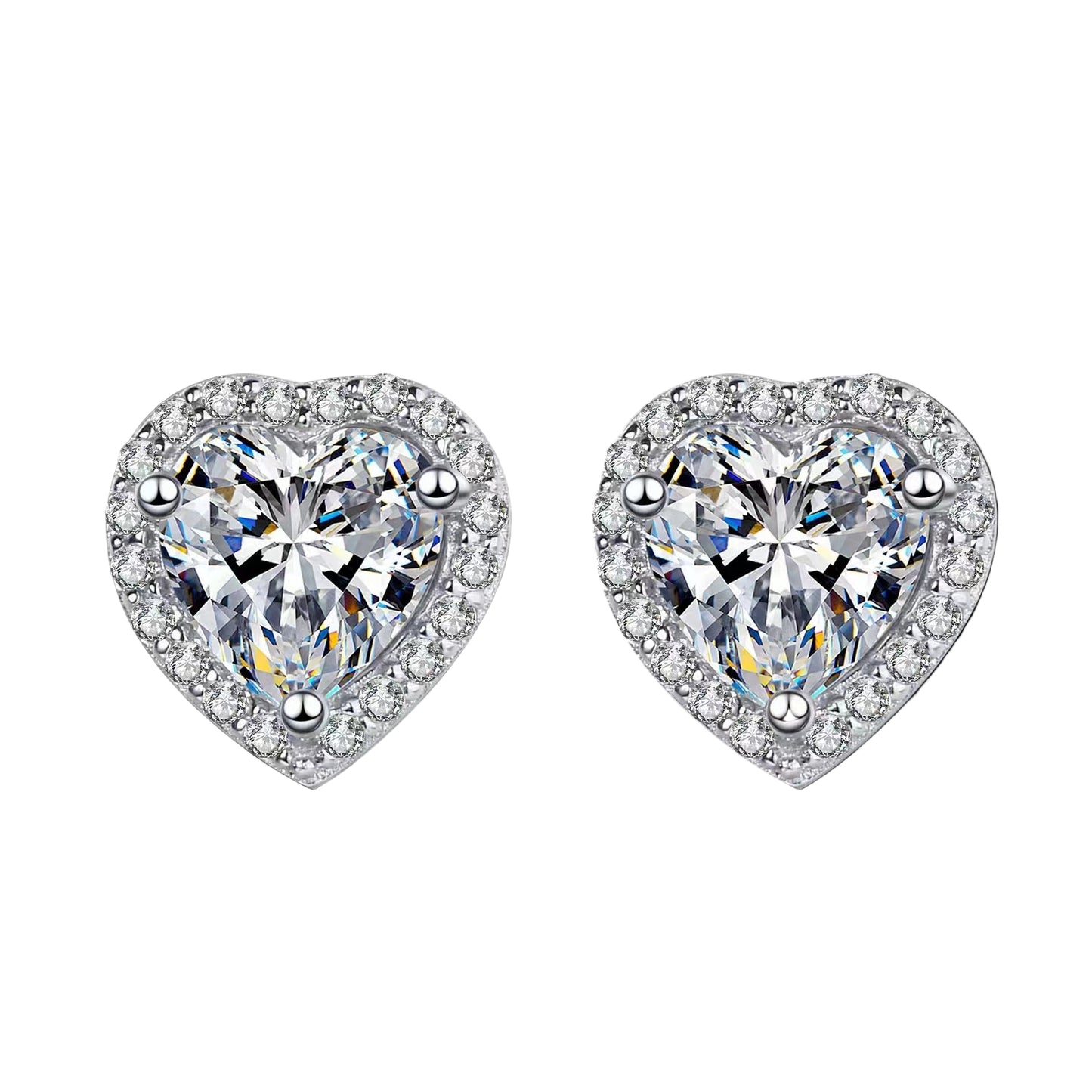 Heart-shaped earrings with clear gemstones on a black background