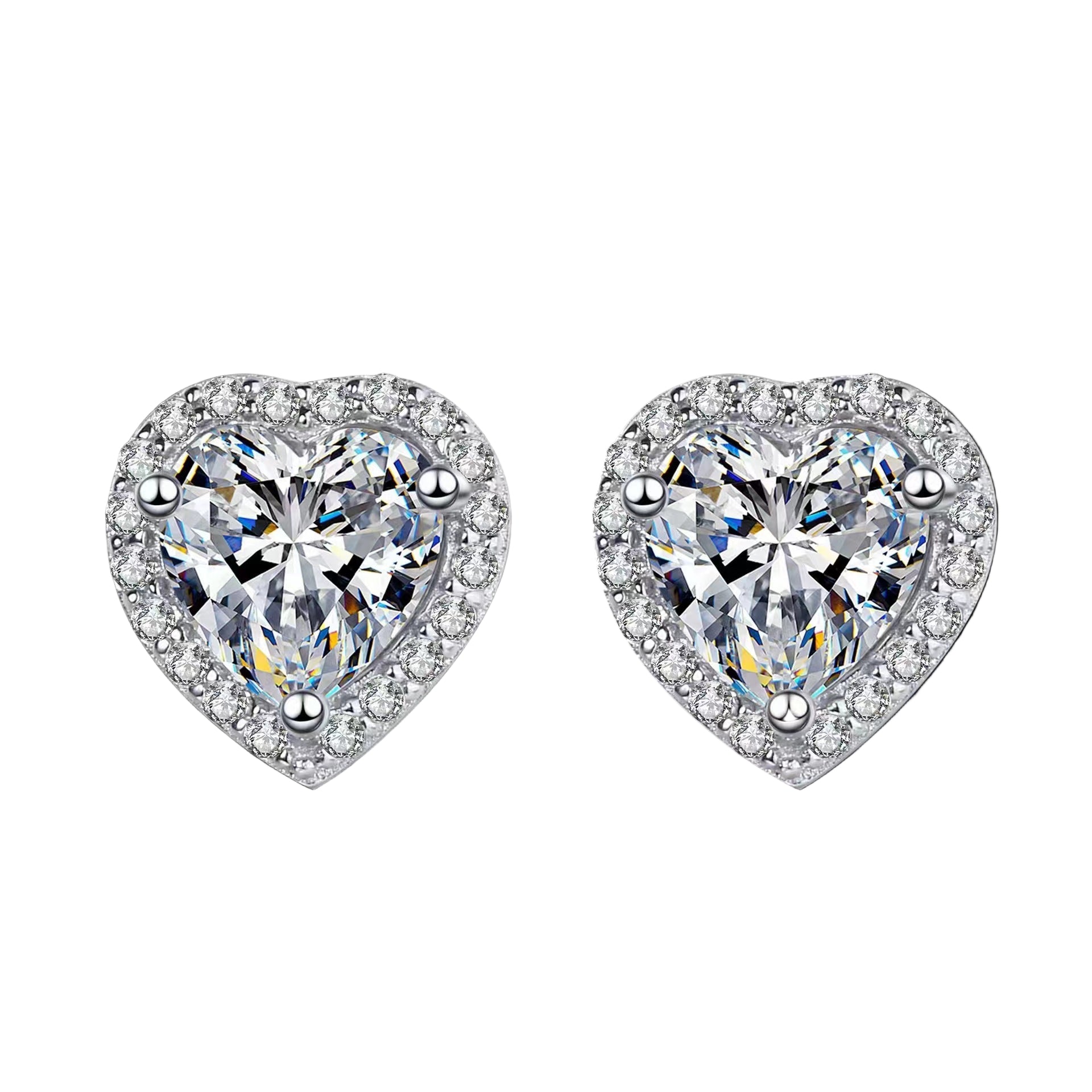 Heart-shaped earrings with clear gemstones on a black background