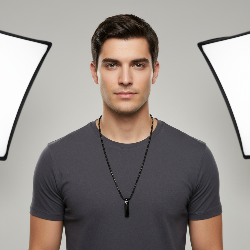 Black chain necklace with a pendant on a white background