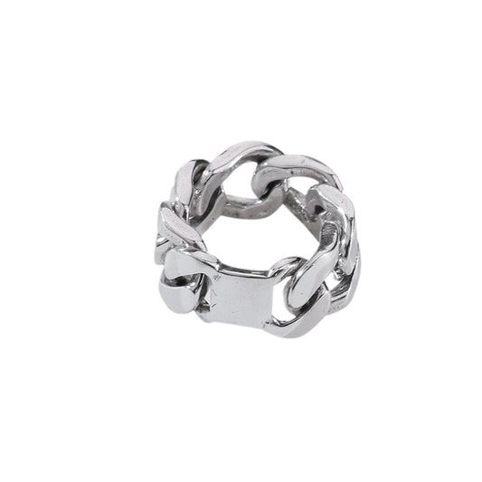 Silver chain-style ring on a white background