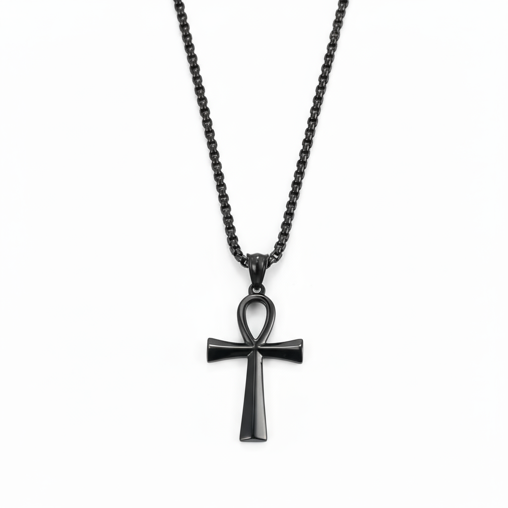 Black cross pendant necklace on a white background
