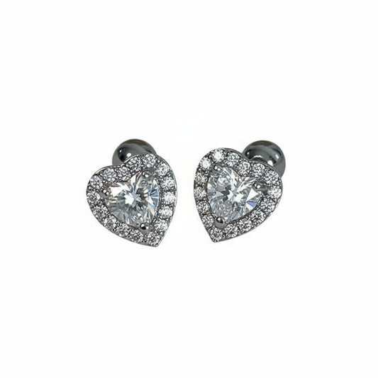 Pair of heart-shaped diamond earrings on a white background