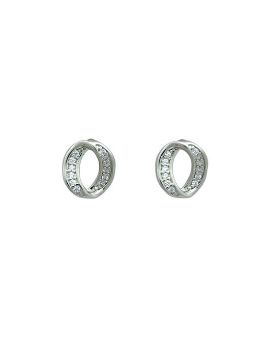 Pair of silver studs earrings with clear stones on a white background
