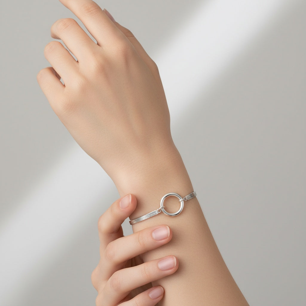 Sterling Silver Herringbone Chain Circle Linked Bracelets