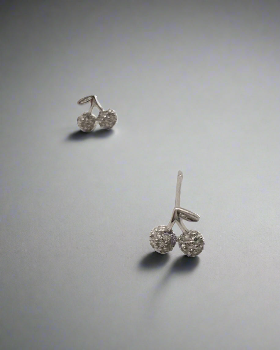Pair of silver cherry-shaped earrings on a white background