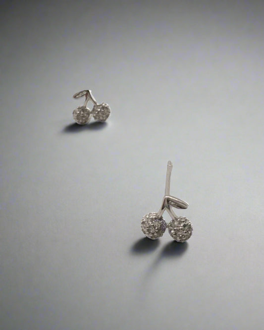Pair of silver cherry-shaped earrings on a white background