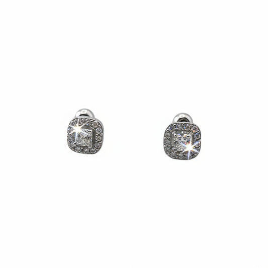 Pair of silver earrings with gemstones on a white background