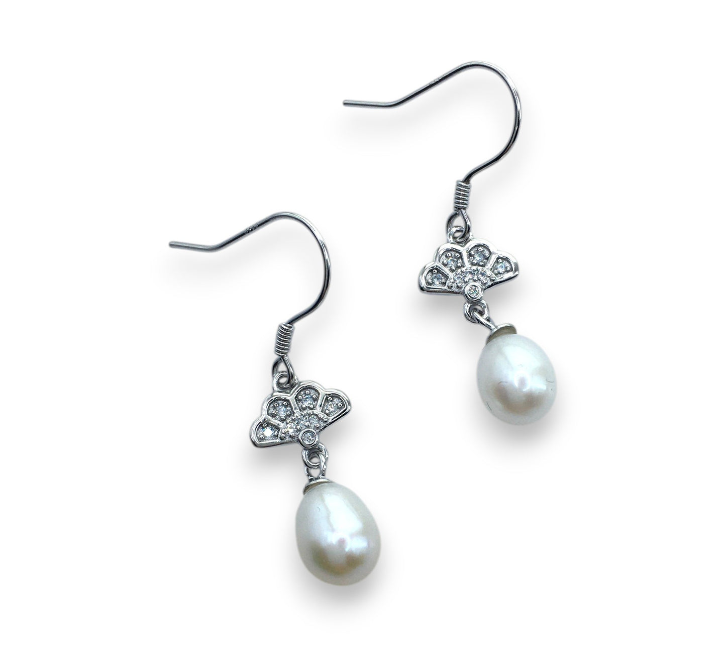 Sterling Silver Pearl & Cubic Zirconia Feather Drop Earrings