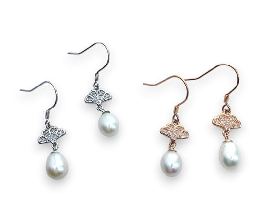 Sterling Silver Pearl & Cubic Zirconia Feather Drop Earrings