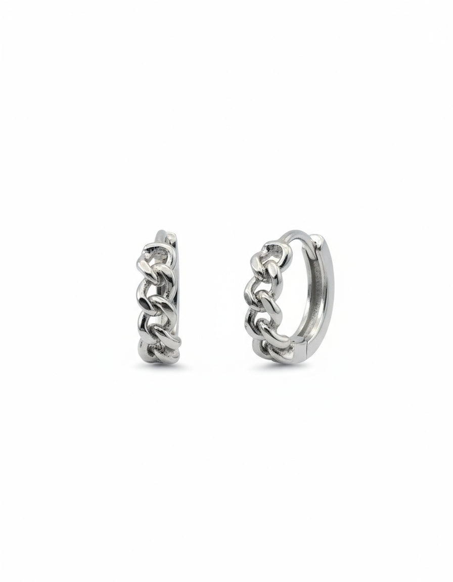 Pair of silver chain hoop earrings on a white background