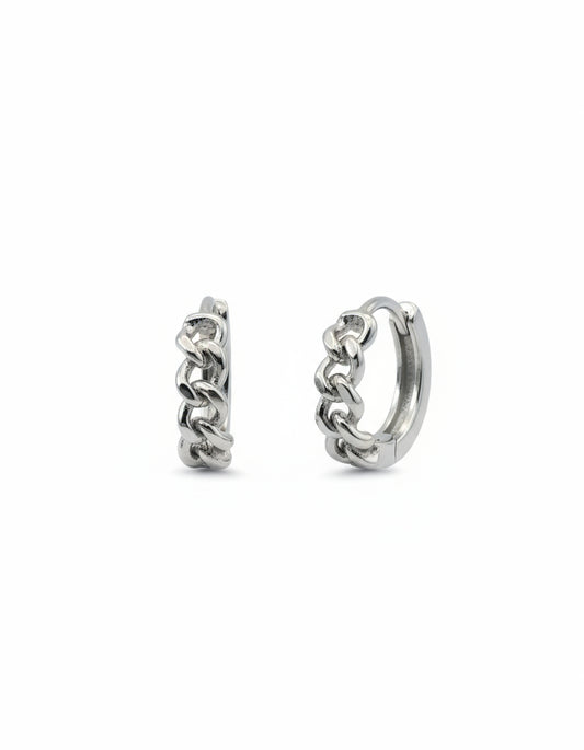 Pair of silver chain hoop earrings on a white background