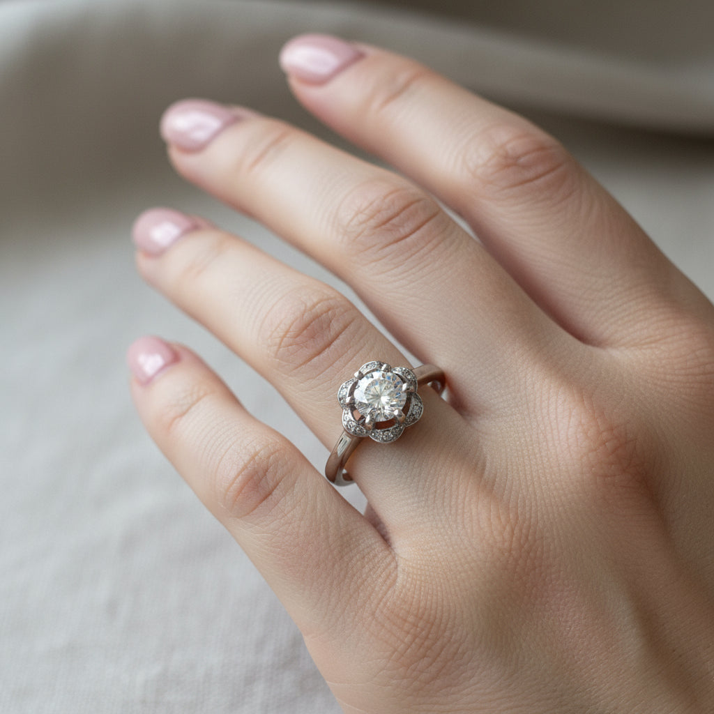 Diamond ring with a halo setting on a white background
