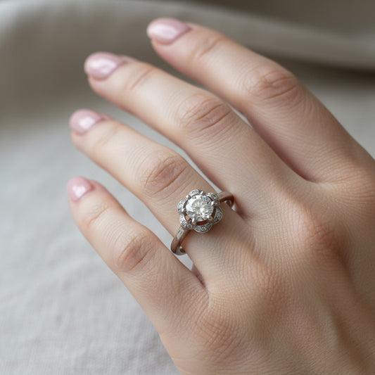 Diamond ring with a halo setting on a white background