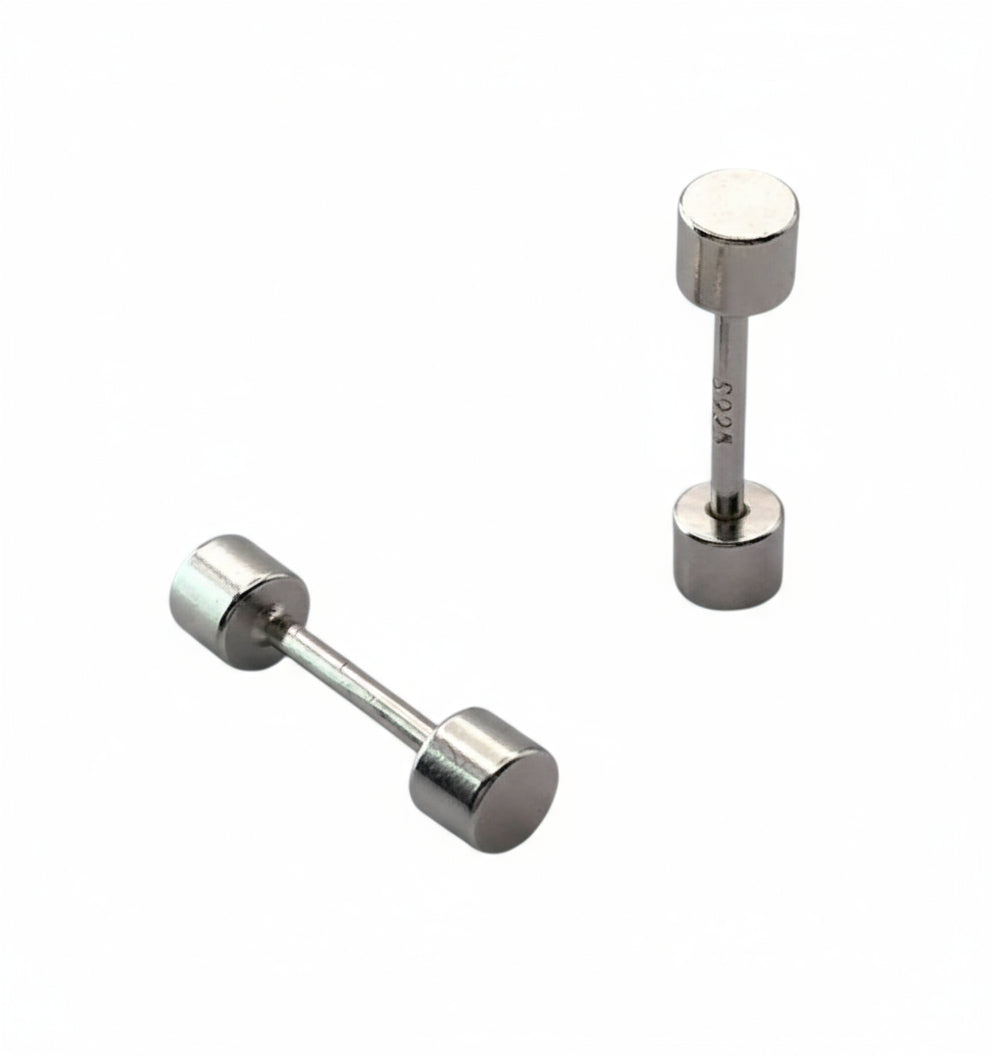 Pair of silver barbell-shaped earrings on a white background