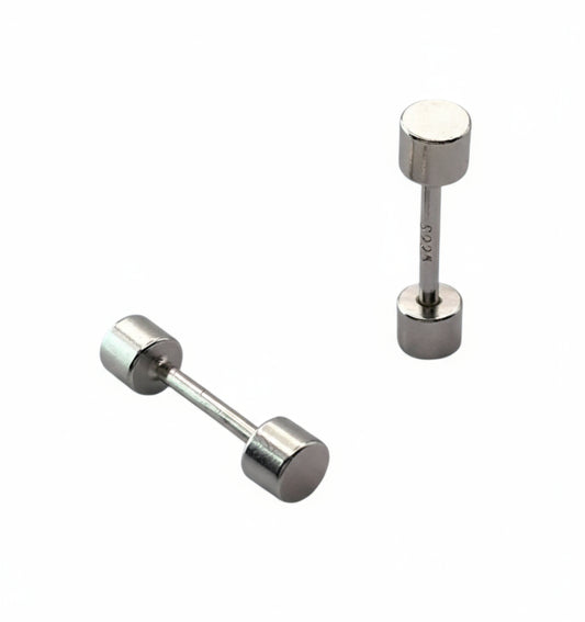 Pair of silver barbell-shaped earrings on a white background