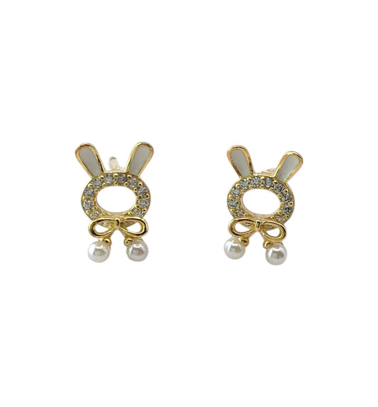 Pair of gold bunny ear-shaped earrings with pearl drops on a white background