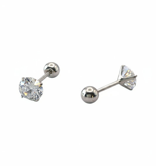 Pair of silver stud earrings with clear gemstones on a white background